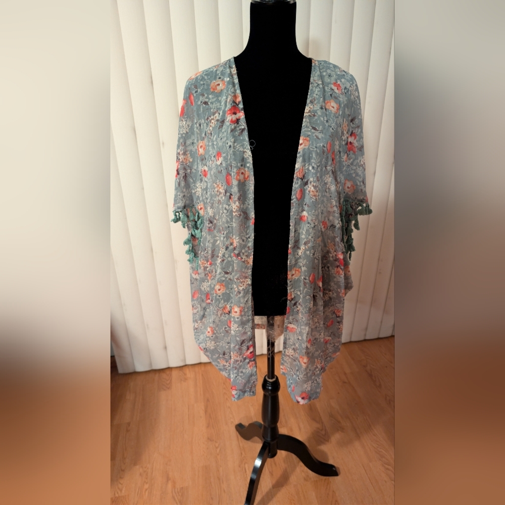 Jodifl Floral Tassel Kimono Cardigan/Duster L - Sage/Coral - Boho - Picture 1 of 7